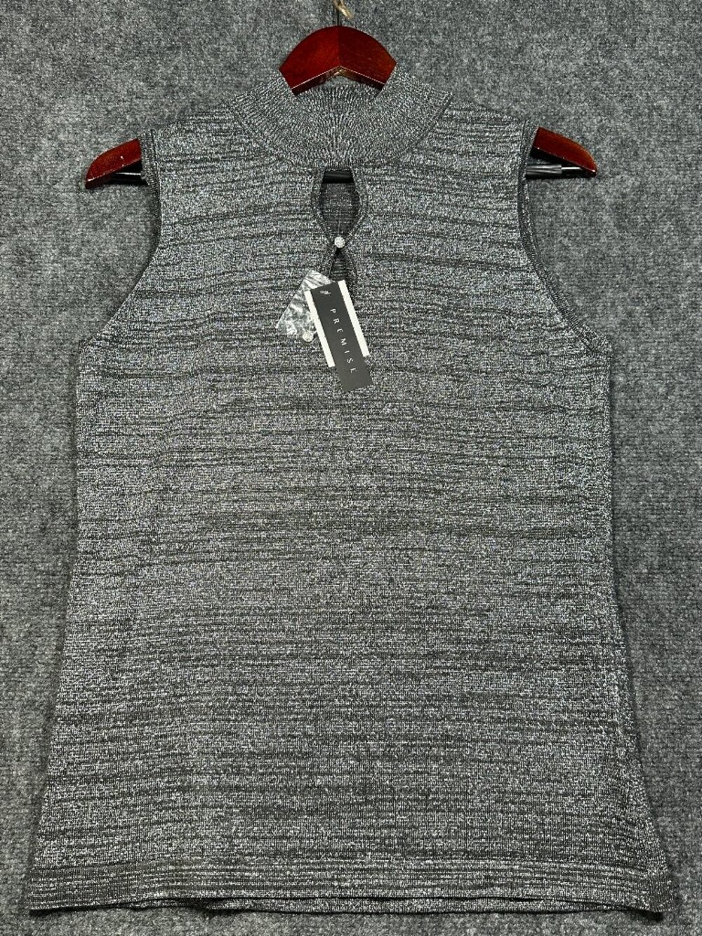 NEW Premise Top Womens Large Gray Silver Metallic Knit Mock Neck Sleeveless